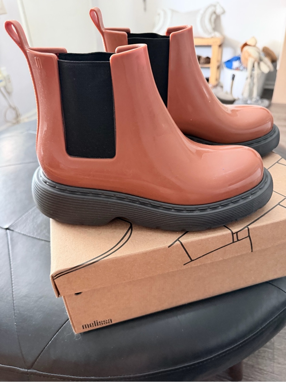 Melissa Glossy Terracotta Chelsea Rain Booties with Black Elastic